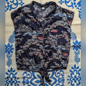 Old Navy Tropical Landscape Sketch Short Sleeve Button Up with Tie Waist